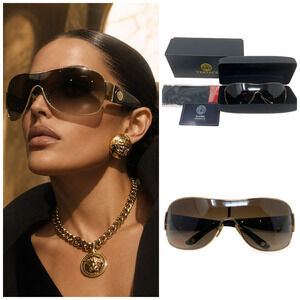 Versace 2101 Shield Monoshield Sunglasses Gold Black Medusa Italy 3N Case Box